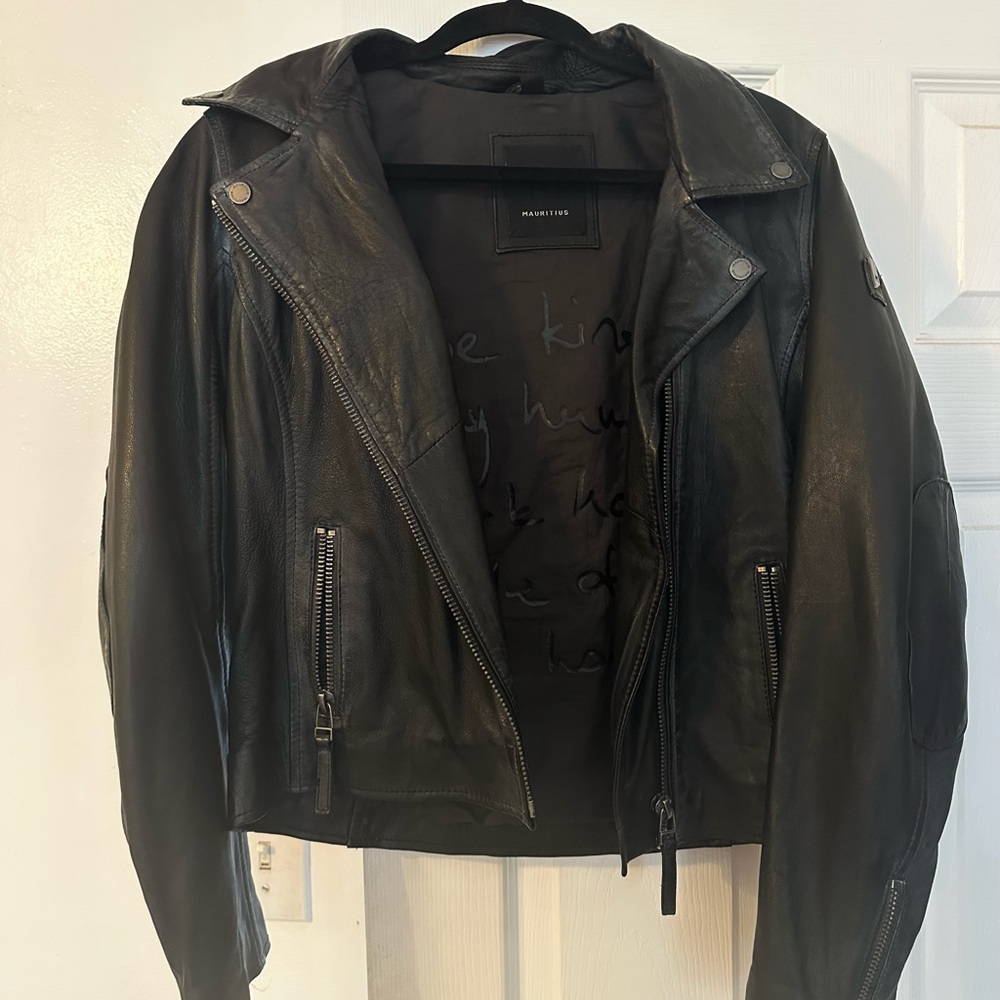 Mauritius Christy Black Leather Jacket with Denim Star Detail